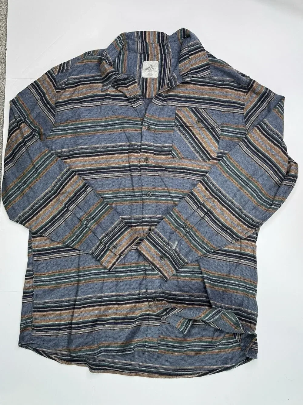 Ascend Mens 2XLT Striped Flannel Shirt Blue Brown Outdoor Button Up Tall